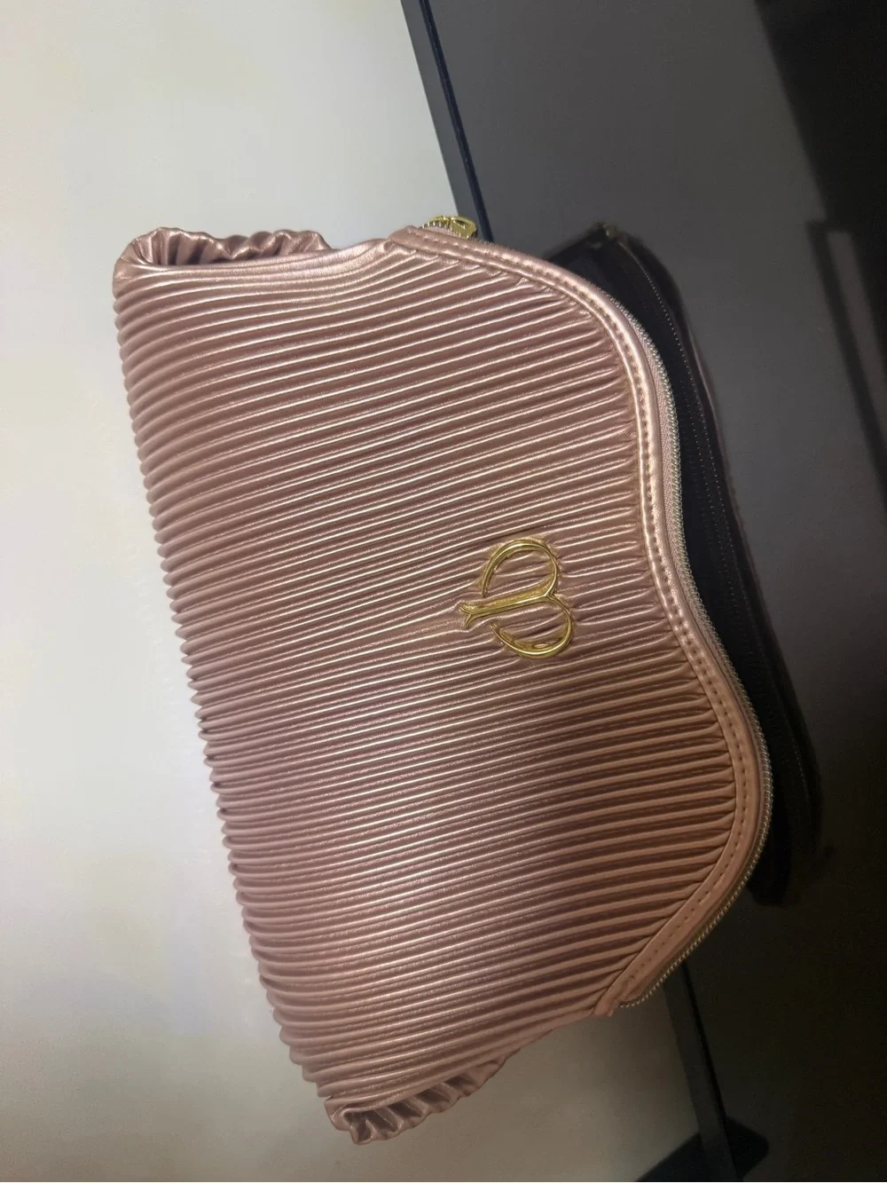 Pleated Blush Cosmetic Pouch with Gold Heart Logo